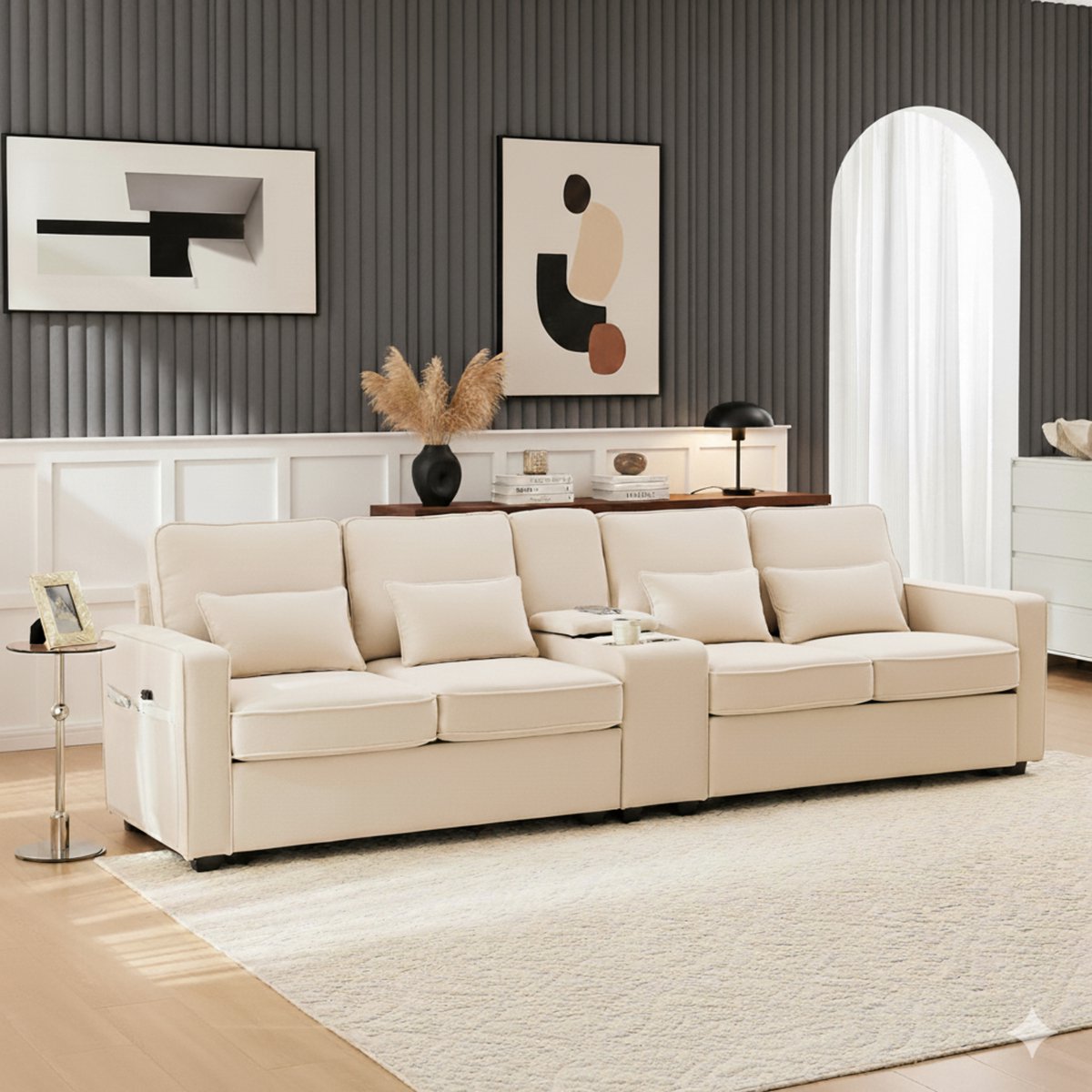 Moderne 4-Zitsbank Linnen Stof met USB-Oplaadpoorten, 2 Bekerhouders en Armleuningvakken – Comfortabele Moderne Sofa 290x83x88 cm – Ideaal voor Woonkamer – Medahomestore