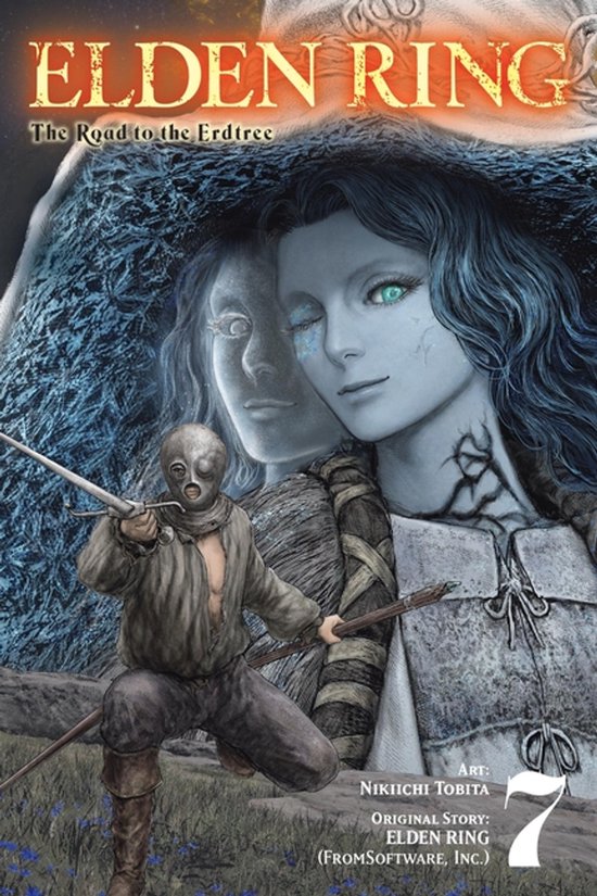 Elden Ring: The Road to the Erdtree, Vol. 7 manga cover met een vrouw met blauw haar en groene ogen en een klein figuur met een masker.