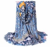 Blauwe dames sjaal met bloemen - viscose katoen - 90 x 180 cm