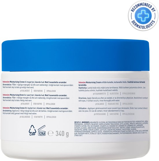 Achterkant van de CeraVe Intensive Moisturising Cream pot met ingrediëntenlijst en "RECOMMENDED BY DERMATOLOGISTS".