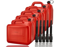 Jerrycan 20 Liter Rood – Set van 5 – UN-Gekeurde Brandstof Jerrycans voor Benzine en Diesel – Kunststof Benzinetank met Lange Schenktuit, Trechter en Vulslang – Lekvrije Jerrycan 100 L Totaal – Voor Auto, Boot, Camper en Grasmaaier