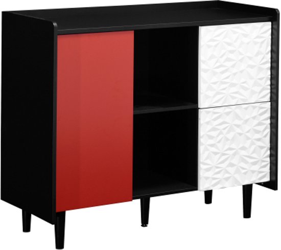 Buffet Armoire 90x40x80 cm Noir Avec Portes Rouges 2 Tiroirs Design de Panneau Unique 2 Compartiments de Rangement Ouverts Armoire à Café Moderne Meuble d'Accent Pour Cuisine Salle à Manger
