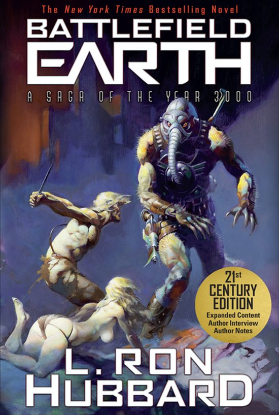 Boekomslag 'Battlefield Earth' door L. Ron Hubbard. Een man in een robotachtig pak met een masker vecht met twee mensen.