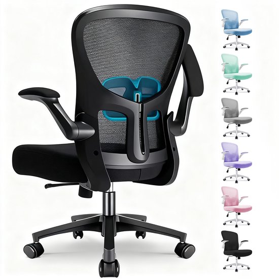 Durrafy Bureaustoel - Ergonomische Bureaustoel - Bureaustoelen voor Volwassenen - Office Chair - met Lendensteun & 90° Opklapbare Armleuningen | Verdikt en Verbreed Zitkussen | Hoogteverstelling - Stoel Tot 150kg - Zwart