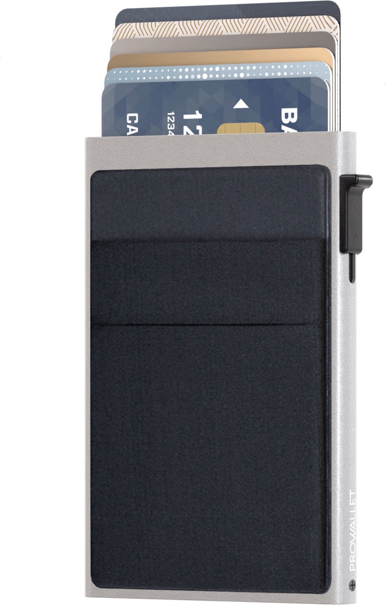Prowallet Secure Deluxe - Pasjeshouder Zilver - 7 Pasjes, Briefgeld en Muntgeld - Uitschuifbaar - RFID Creditcardhouder - Kaarthouder Portemonnee, Premium Pashouder voor Mannen & Vrouwen - Hoogwaardig Aluminium - Incl. Luxe Cadeaubox
