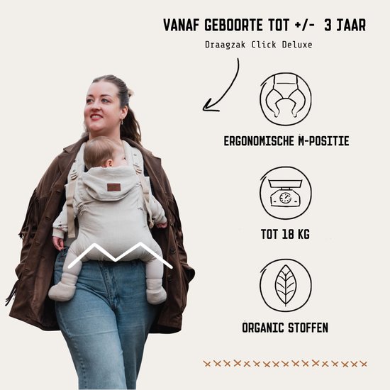 ByKay Draagzak Click Carrier Deluxe PRO - Luxe Draagzak Draagzak Baby vanaf broekmaat 62/68 tot +/- 3jaar - Maximale Ondersteuning, Comfort & Ergonomie - Click & Go - voor Buik, Heup en Rug - Linnen Oat van Merkloos — afbeelding 3