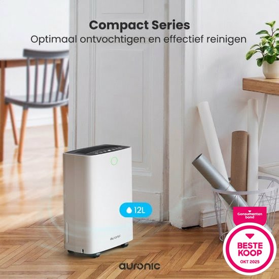 Auronic Luchtontvochtiger - Compact Series - 12L per dag - 2L Waterreservoir - Was-droog functie - Slaapkamer, Badkamer en Woonkamer - Vochtopnemer voor in Huis - Dehumidifier - Wit