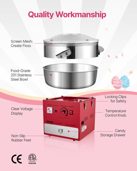 VEVOR Commerciële Suikerspinmachine 1000W Feest Suikerspinmaker Rood — afbeelding 3