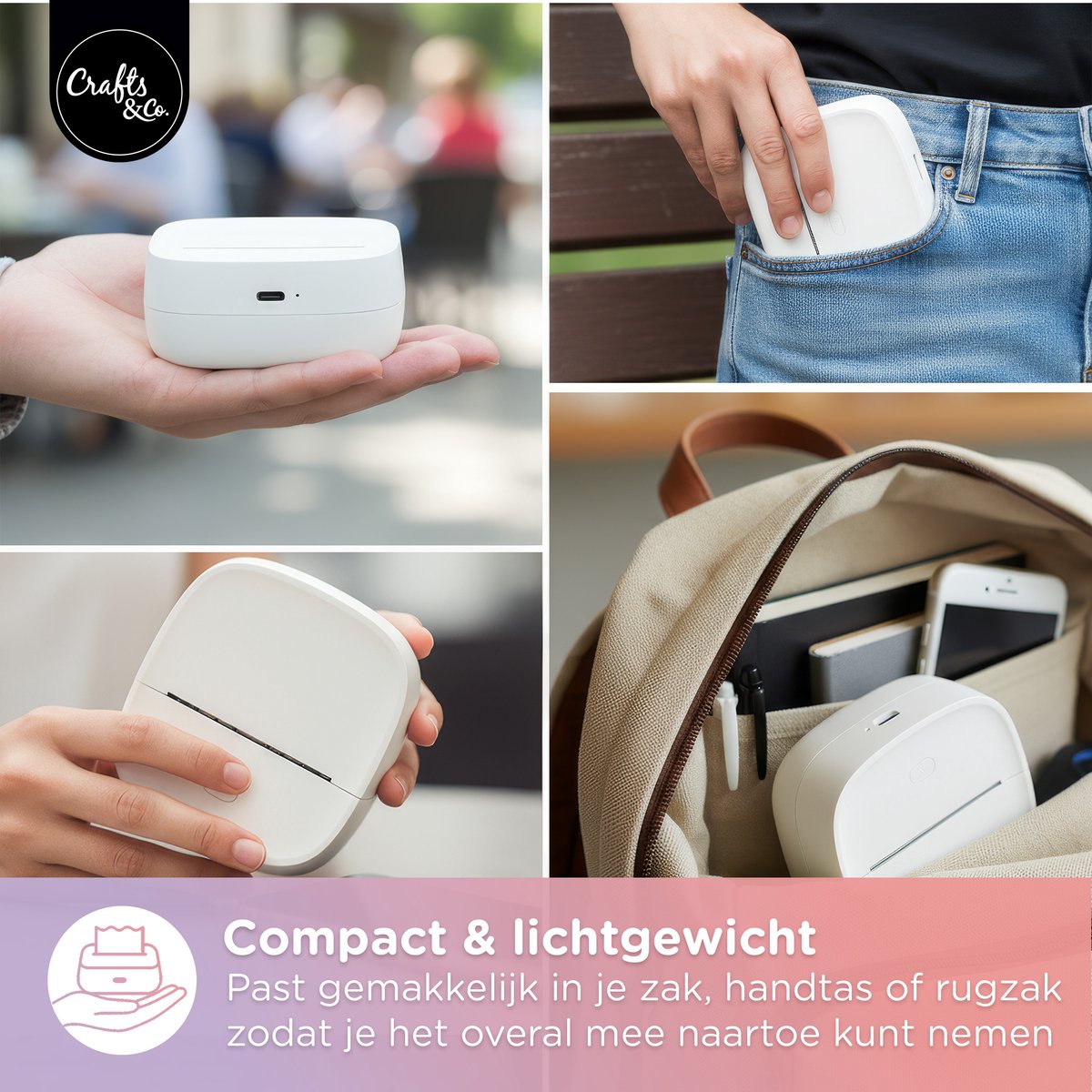 Crafts&Co Mini Pocket Printer met 13 Rollen en 6 Stiften - 24-Uur Batterij - Mobiele Fotoprinter - Interactief Montessori Speelgoed - Draagbare en Thermische Printer - Cadeau voor Jongens en Meisjes - 6, 7, 8, 9, 10, 11, 12, 13, 14+ Jaar - Wit — afbeelding 3
