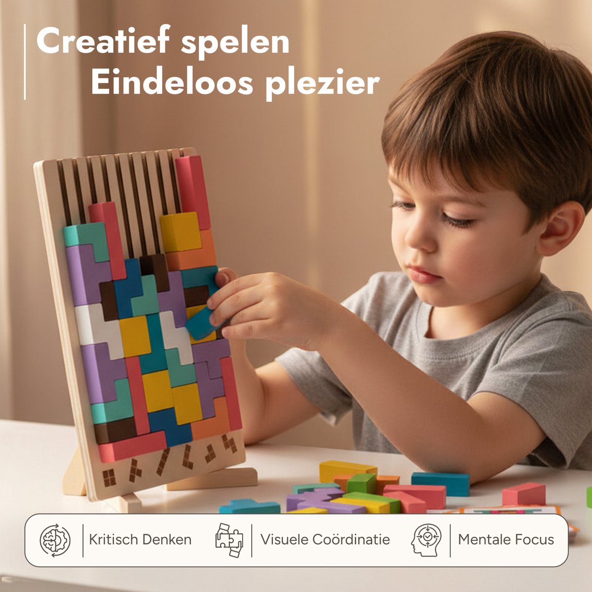 Bitey Houten Speelgoed Tetris Puzzel - Kinder Speelgoed - Leren & Spelen - Educatief Peuter & Kleuter Speelgoed 3 jaar – 3D Blokken met Houder + Opdrachtkaarten — afbeelding 3