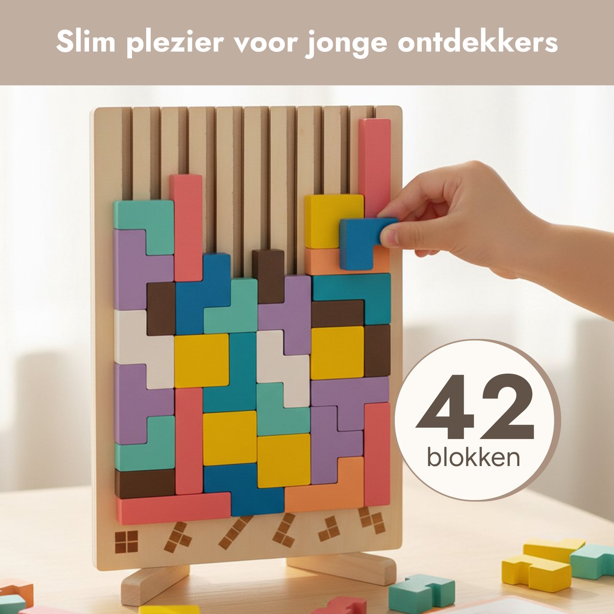 Bitey Houten Speelgoed Tetris Puzzel - Kinder Speelgoed - Leren & Spelen - Educatief Peuter & Kleuter Speelgoed 3 jaar – 3D Blokken met Houder + Opdrachtkaarten — afbeelding 6