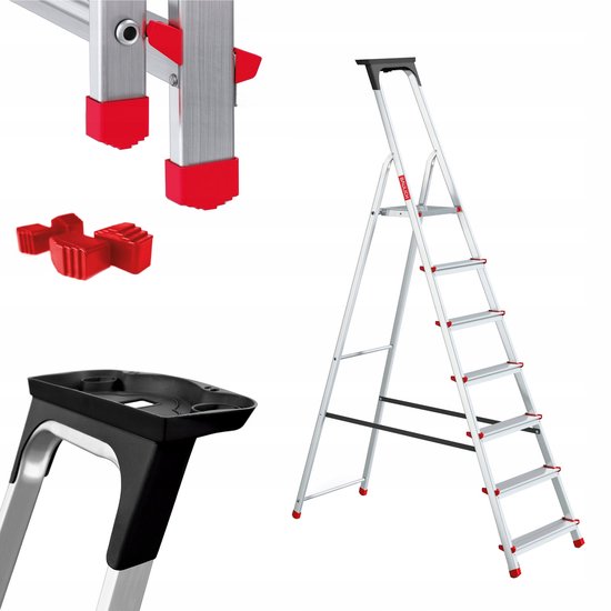 Aluminium trap met 7 treden, rood met antislip, en een zwart plateau bovenop.