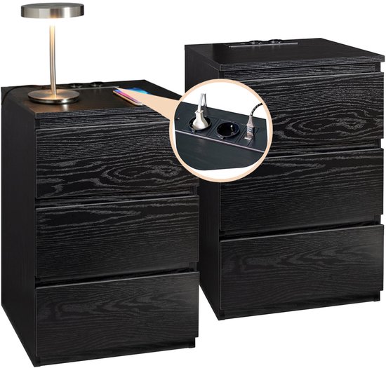 Casamoda Nachtkastjes set van 2 - H55 x B40 x D35 cm - 3 Lades - Stopcontact en USB - Draagkracht 45 kg - Moderne Bijzettafel - Zwart