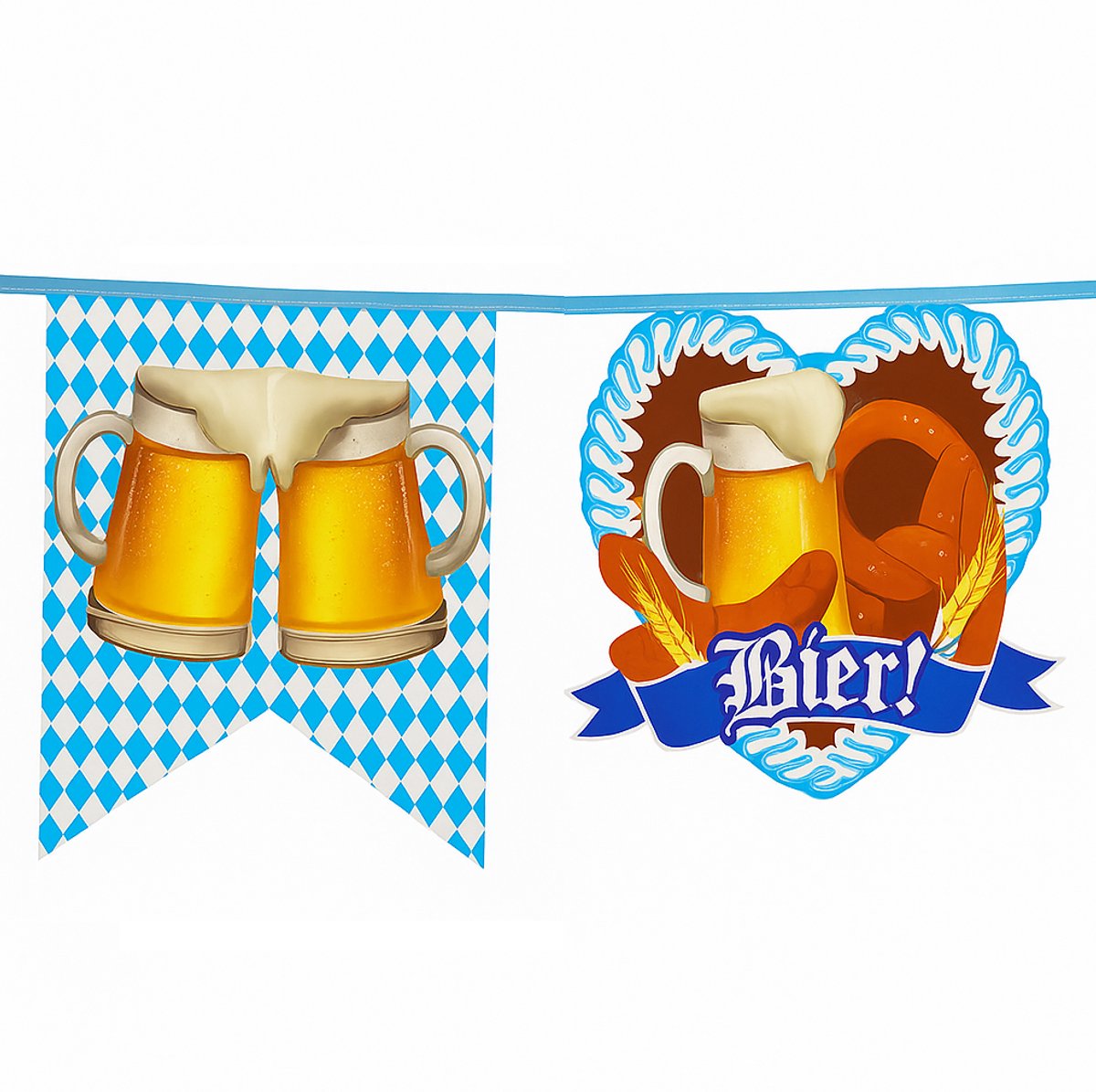 Oktoberfest vlaggenlijn 6 meter – 15 vlaggetjes – Bier & Pretzel design – Blauw wit ruitpatroon – Feestversiering Beierse stijl