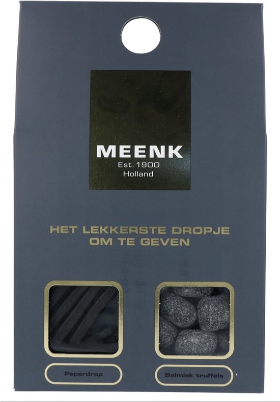 Grijze verpakking met gouden logo, tekst 'HET LEKKERSTE DROPJE OM TE GEVEN' en vensters met Peperdrop en Salmiak truffels.