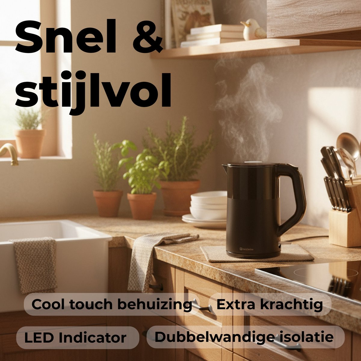 CasaCucina Waterkoker Dubbelwandig - 2200W - Elektrisch - 1.7L - Retro - Met LED - RVS - Cool-touch - Zwart — afbeelding 2