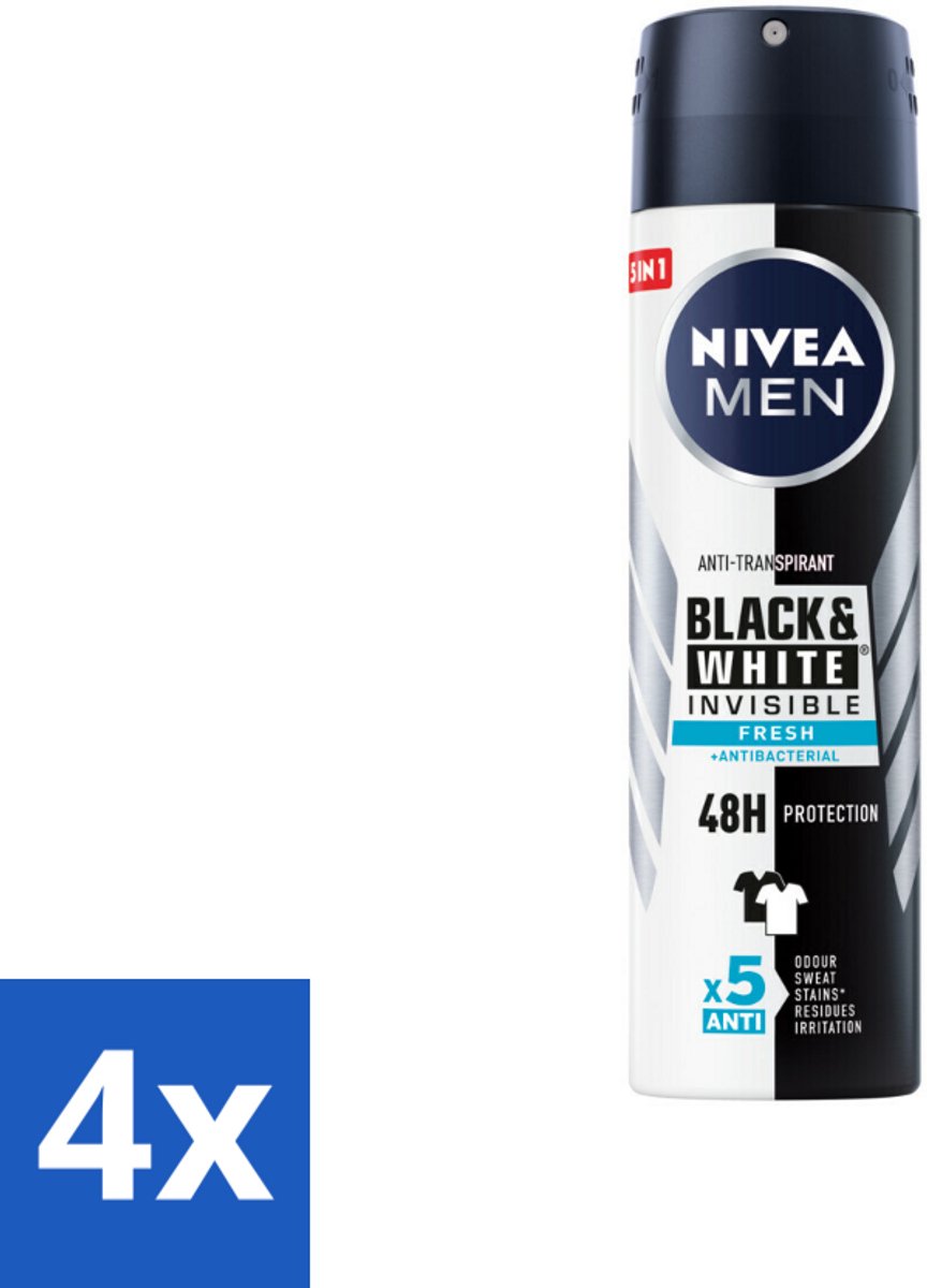4 x NIVEA Men Deodorant Spray Invisible for Black & White Fresh 150 ml - Anti-transpirant - Deodorant Spray - Zweetvoorkomend - Vlekkenvoorkomend - Huidvriendelijk