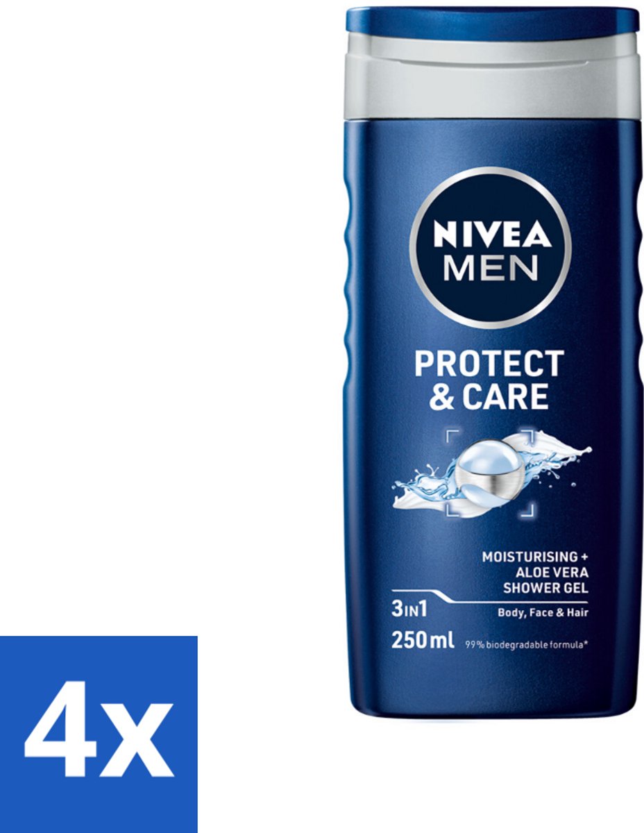 4 x NIVEA Men Douchegel Protect & Care 250 ml - Douchegel Voor Mannen - Aloë Vera Douchegel - Lichaam En Haar Verzorging - Hydraatende Douchegel - PH-huidneutraal