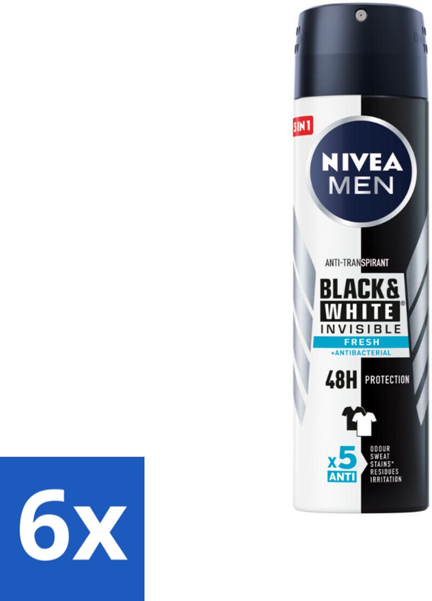6 x NIVEA Men Deodorant Spray Invisible for Black & White Fresh 150 ml - Anti-transpirant - Deodorant Spray - Zweetvoorkomend - Vlekkenvoorkomend - Huidvriendelijk