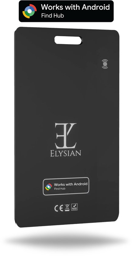 Zwarte Elysian tracker kaart met logo en 'Works with Android Find Hub'. CE en recycling symbolen onderaan.