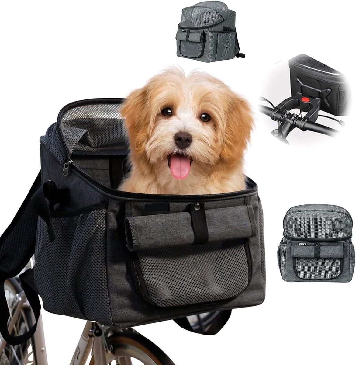 Ritstas voor honden op de fiets | Ademende mand voor kleine hond | Afneembare mand met stuuradapter | Geschikt voor fietsen en e-bikes | Voor Shopping en Outdoor