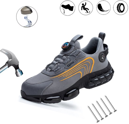 Chaussures de sécurité pour homme - Pointure 42 - Embout acier et semelle anti-perforation - Légères et respirantes - Chaussures de travail antidérapantes avec fermeture à vis - Grijs