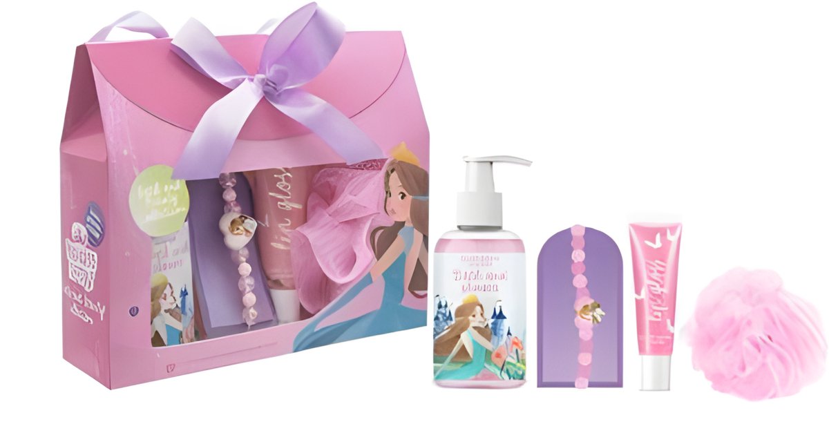 Princess Fantasy - Bath and Beauty Collection - Princess Bracelet - Prinses armband - 15gr mesh spons - 100ml showergel - Lipgloss