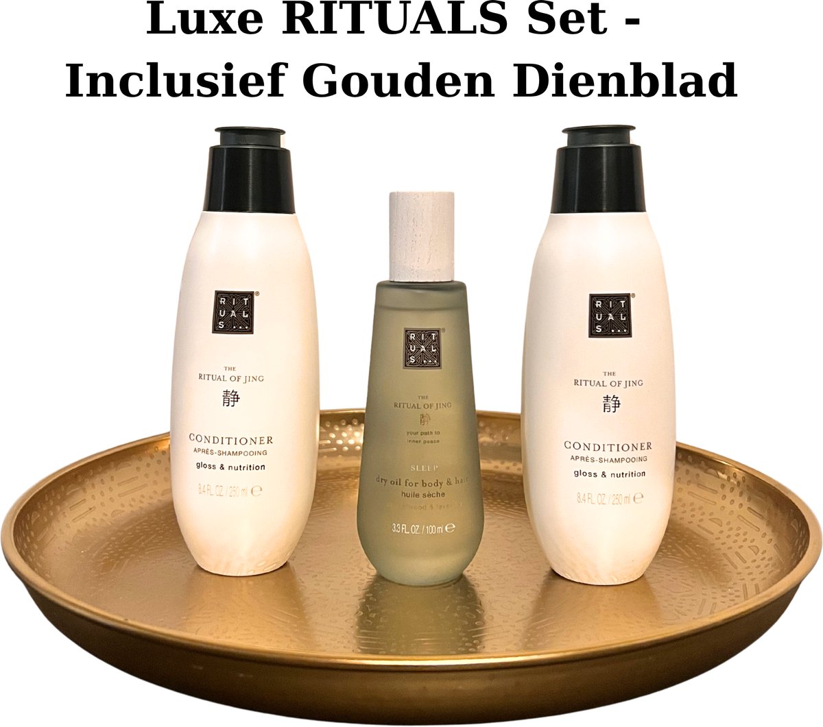 Rituals - Jing - Geschenkset - Shampoo 250 ml + Conditioner 250 ml + Hair Body Oil + Gouden Dienblad - Gift Set