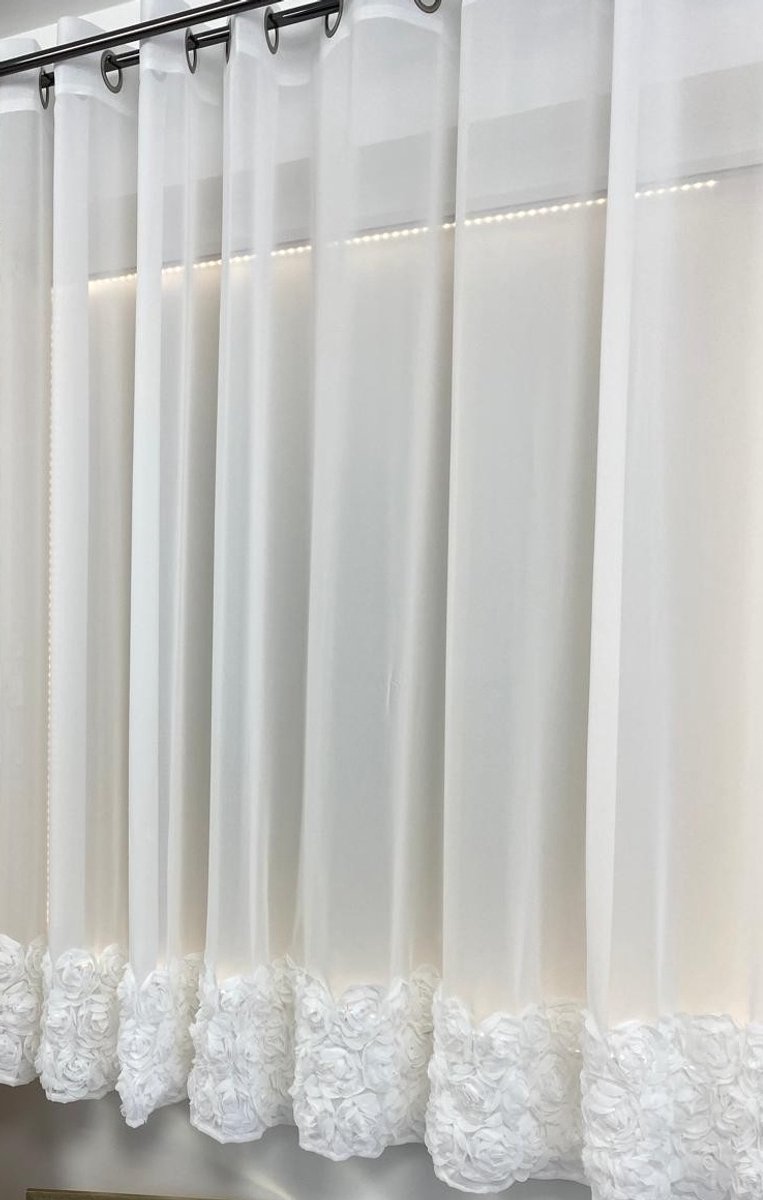 Luxe Vitrage met ringen - 3D Rozen – 400×160 cm – Met Ringen – Woonkamer/Slaapkamer – Wit