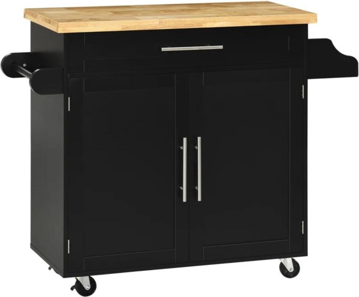 Keukeneiland - Verplaatsbaar - Keukenkast - Dressoir - Organizer - Kasten - Houten Werkblad - Lade - Zwart