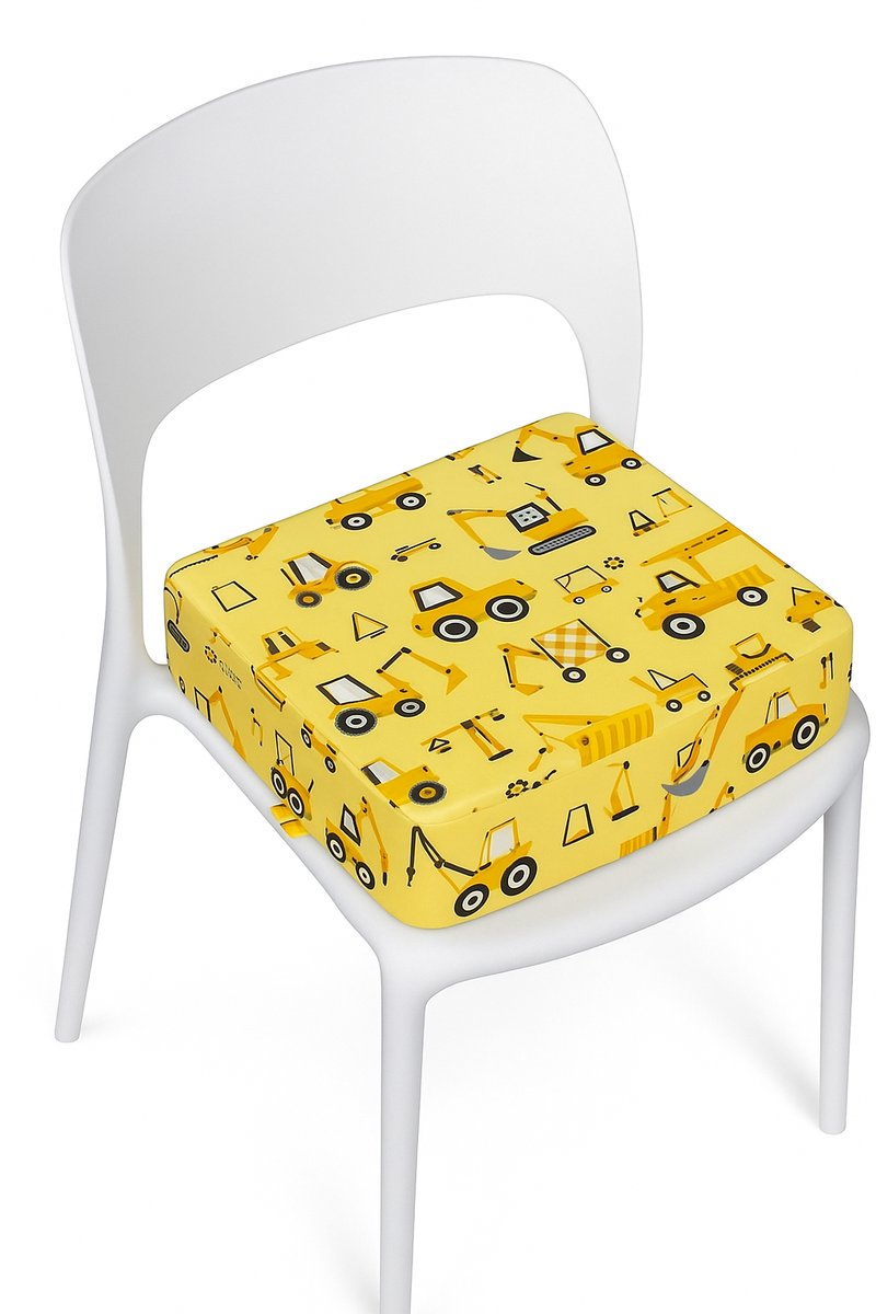 Dutchers® Stoelverhoger voor Kinderen – 8cm Verhoogkussen met Dierenprint - Zitkussen Tafel - Zitverhoger voor Eettafel & Eetkamerstoel - Stoelkussen waterdicht – Peuter Stoelverhoger – Lichtgewicht & Veilig met Riemen - Graafmachines Geel