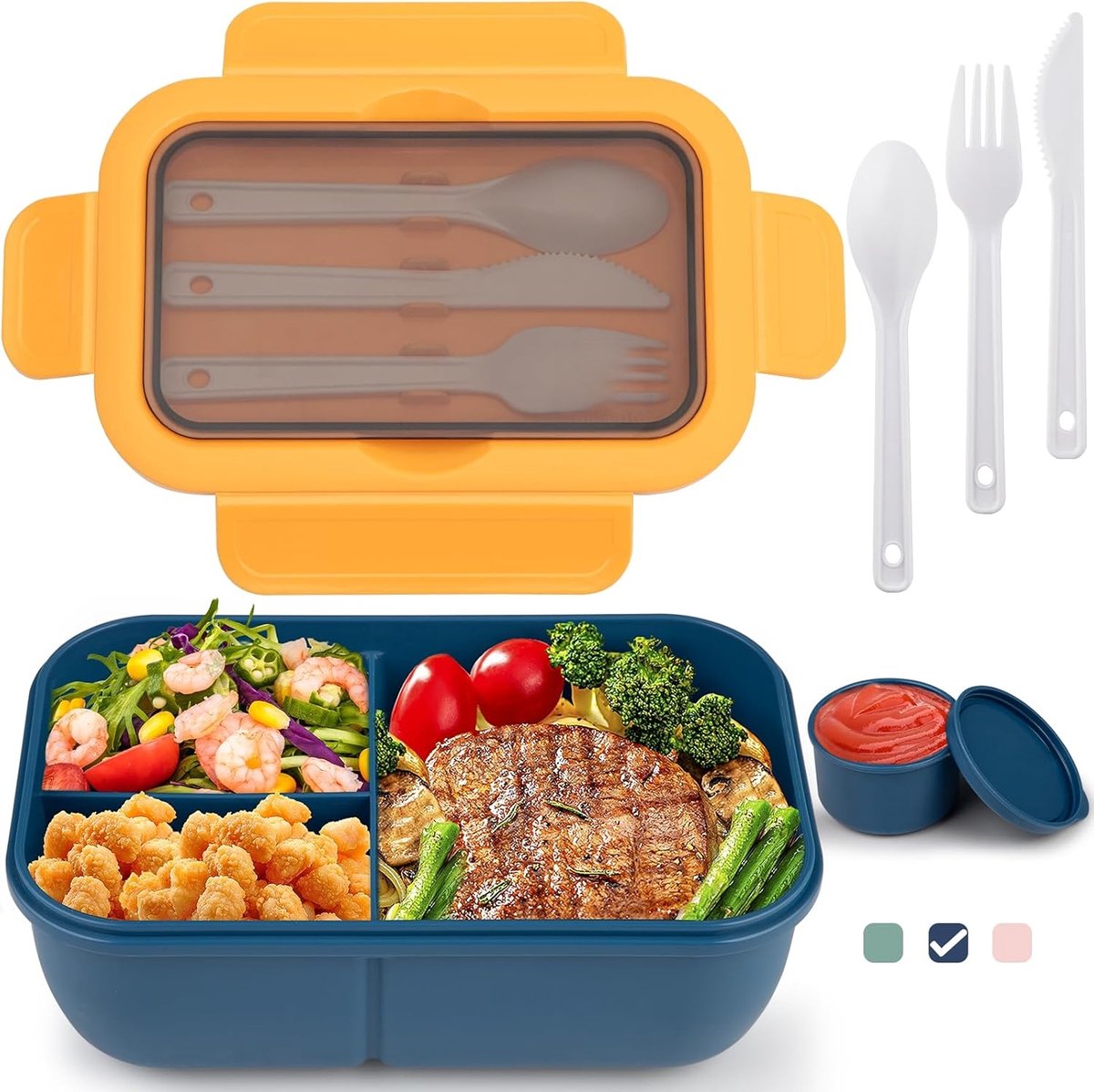 PromoHome Bento Lunchbox - 3 Vakken Met Bestek, Lekdicht en Magnetronbestendig "Donkerblauw"
