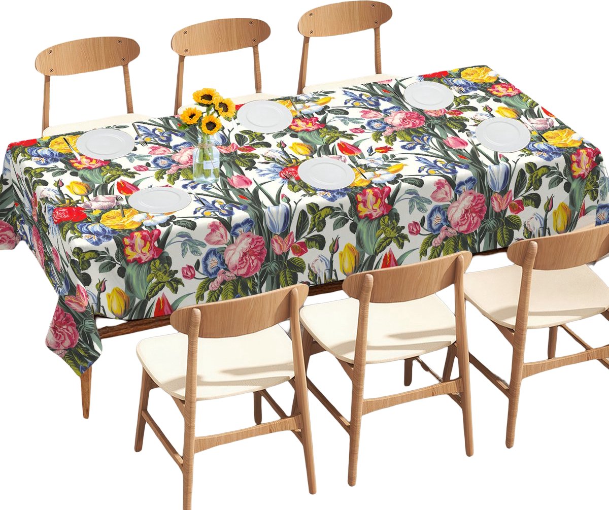 Ulticool Tafelkleed Groot Tafelzeil Waterdicht - 140 x 240 cm - Tulp Roos Grote Bloemen - Rood Geel Blauw Groen