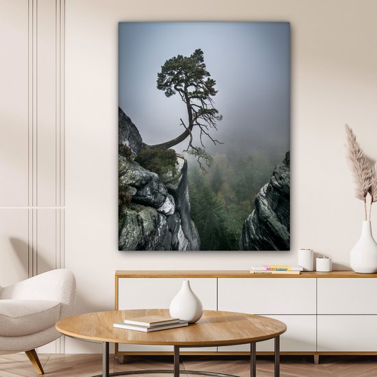 Peinture sur toile - Falaise - Arbres - Vert - Brouillard - Photo sur toile - Canvasdoek - 90x120 cm - Toile nature