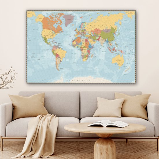 Peintures Toile Wereldkaart - Couleurs - Atlas - 120x80 cm - Décoration murale