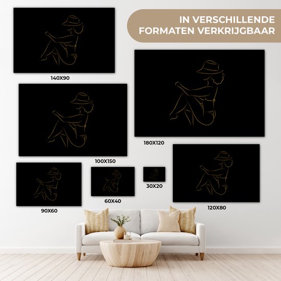 Toile Peinture Femme - Chapeau - Or - Dessin au Line - 30x20 cm - Décoration murale