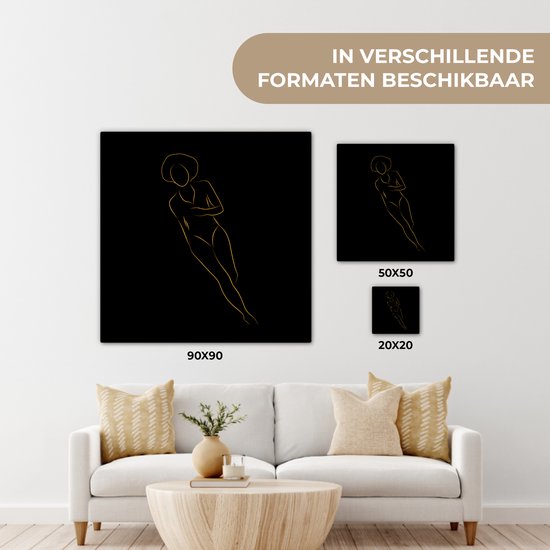 Canvas schilderij 20x20 cm - Wanddecoratie Vrouw - Gold - Black - Line art - Muurdecoratie woonkamer - Slaapkamer decoratie - Kamer accessoires - Schilderijen op canvas