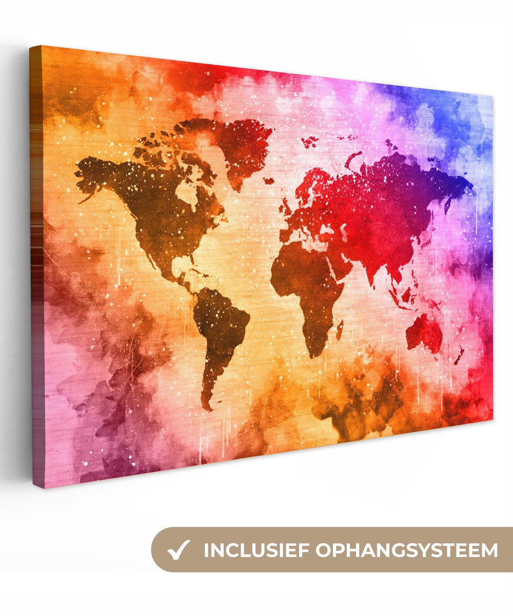 Canvas schilderij 140x90 cm - Wanddecoratie Wereldkaart - Verf - Kleuren - Muurdecoratie w