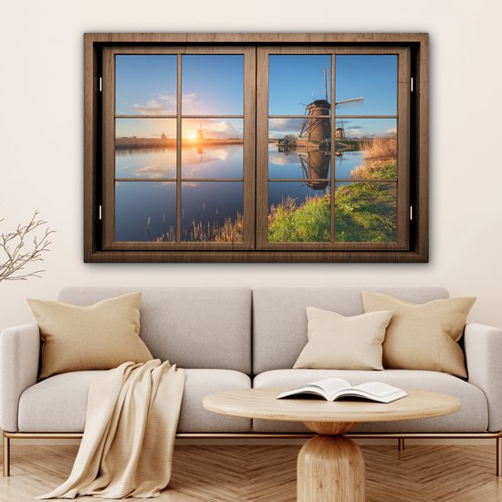 Canvas schilderij 120x80 cm - Wanddecoratie Doorkijk - Molen - Zonsondergang - Muurdecoratie woonkamer - Slaapkamer decoratie - Kamer accessoires - Schilderijen op canvas