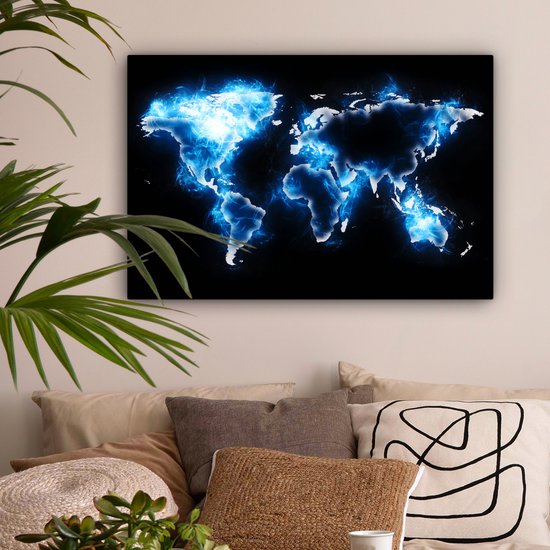 Wereldkaart en bleu électrique sur fond noir 60x40 cm