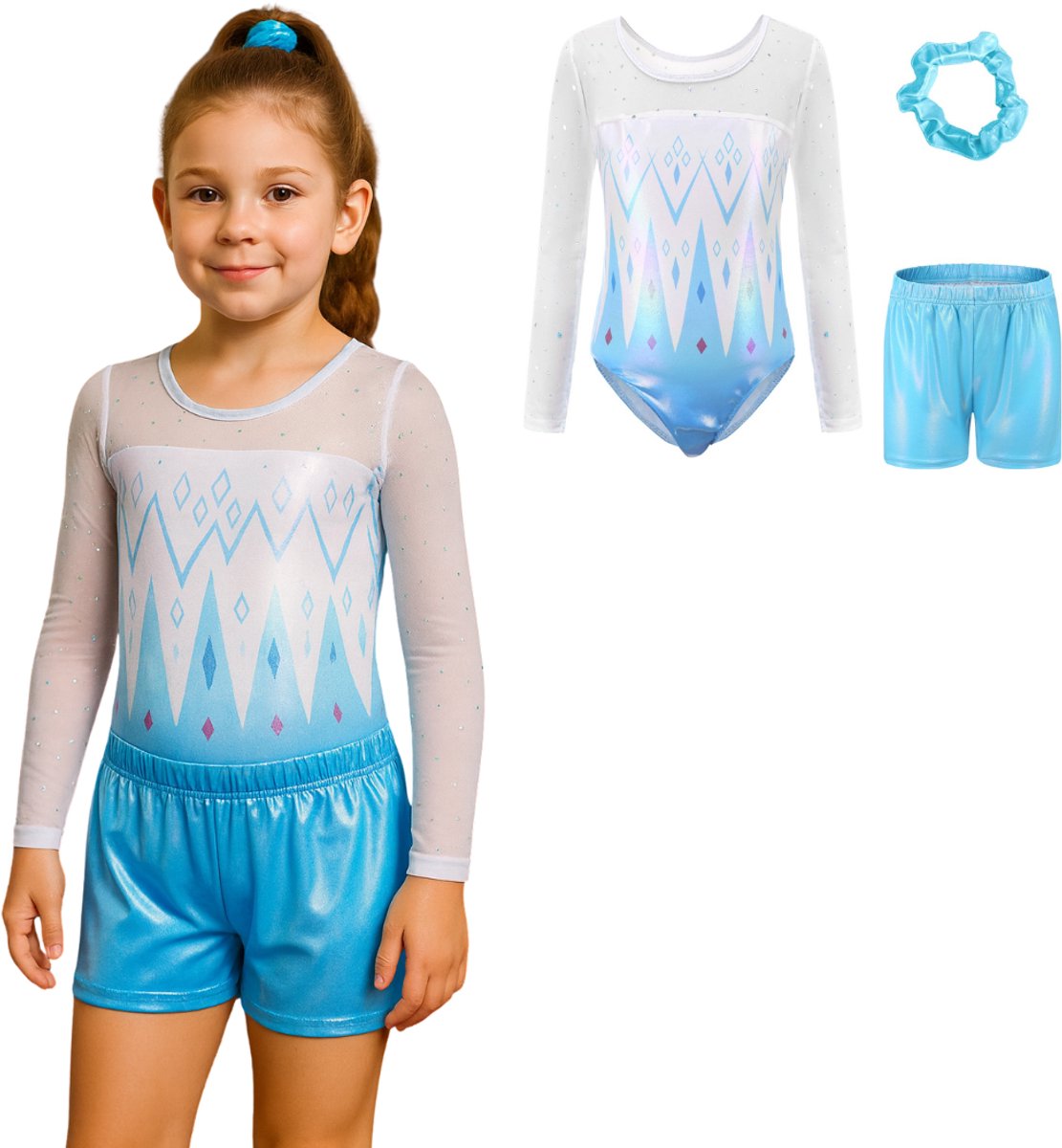 Joya Kids® Turnpakje Meisjes met Lange Mouwen, Broekje en Scrunchie | Blauw met Wit met Glitters en Strass Steentjes Ballet pakje | Gymnastiekpakje ijsprinses Stijl | Turnen | Turn Pakje set | Maat 120