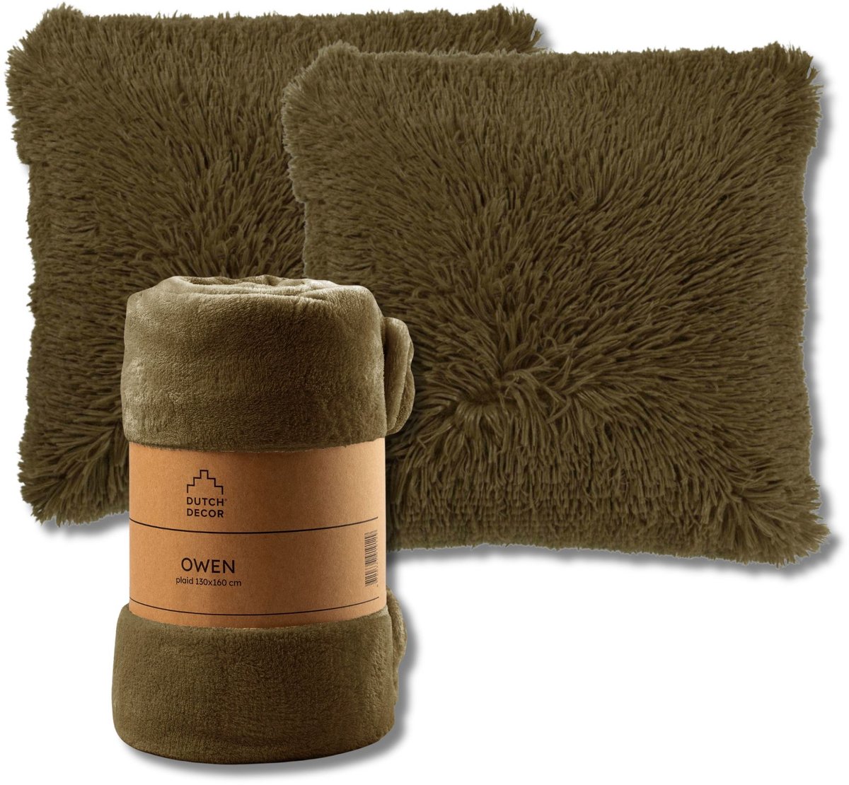 Dutch Decor VOORDEELSET - 3-delig - Fluffy & Owen - 2 sierkussens 45x45 cm - 1 plaid 130x160 cm - groen