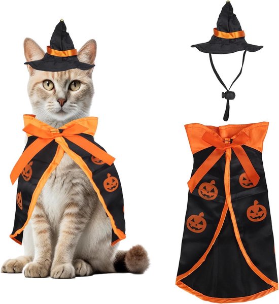 JHubers Goods - Halloween Kattenkostuum en Heksenhoed voor Huisdieren - Verstelbare Mantel - Pompoen Tovenaarskleding - Cosplay Benodigdheden voor Katten, Honden en Puppy's