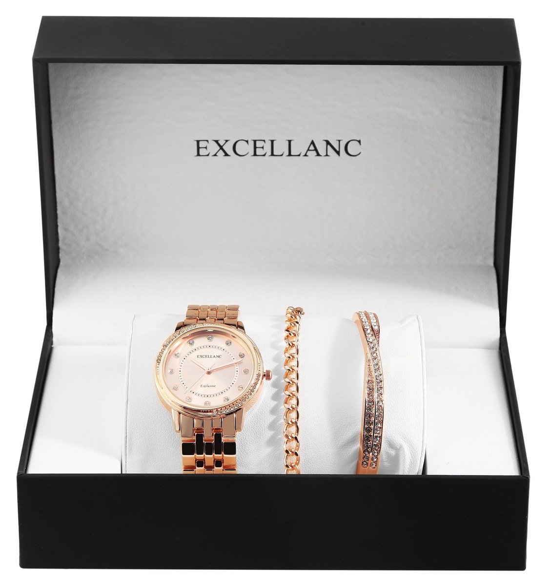 Excellanc dameshorloge geschenkset rosegoud kleurig cadeauset horloge en twee armbanden