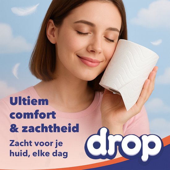 Vrouw met gesloten ogen houdt toiletrol tegen wang. 'Ultiem comfort & zachtheid'.