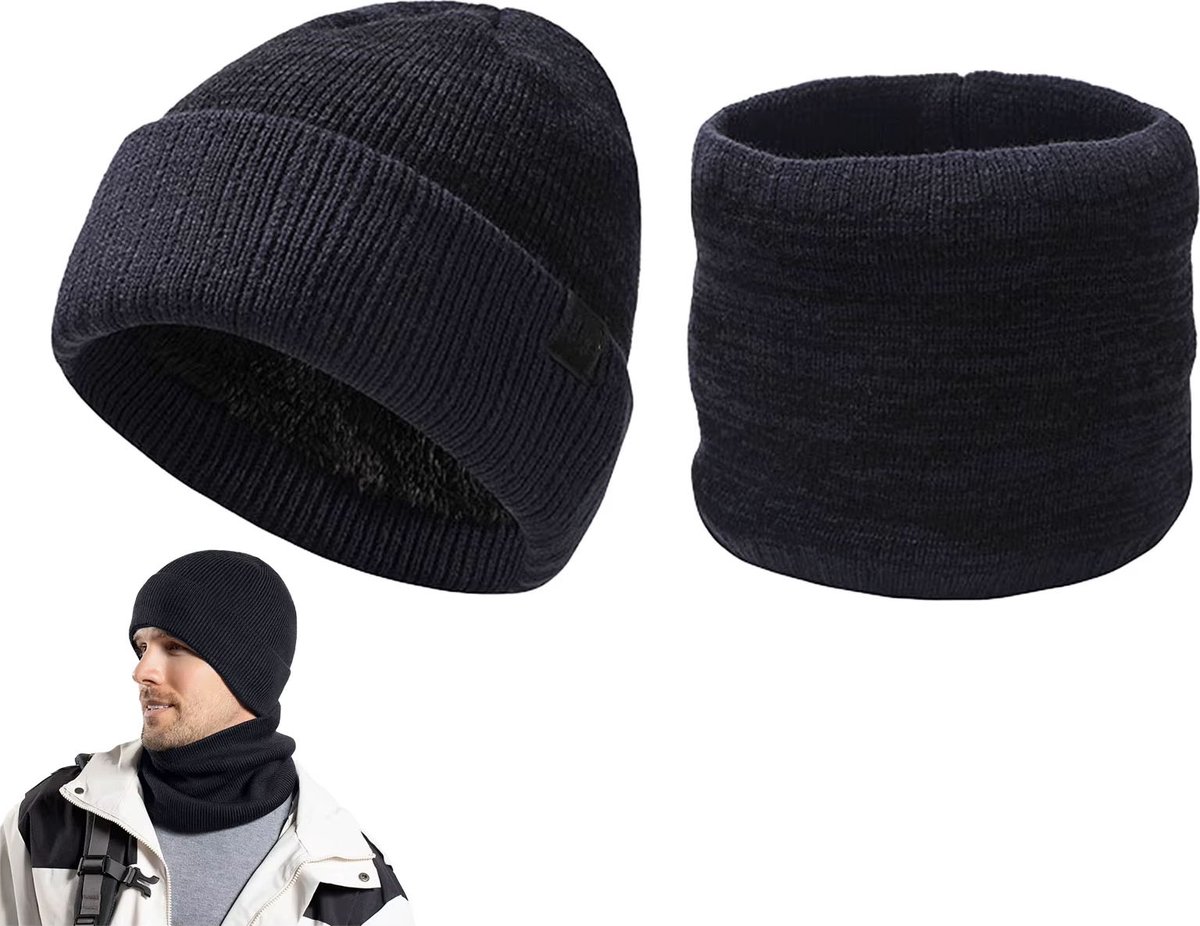 Winter Gebreide Muts en Sjaal Set - Fleece Gevoerde Oorwarmers, Winddichte Nekwarmer voor Heren, Dames, Unisex Koud Weer Accessoires