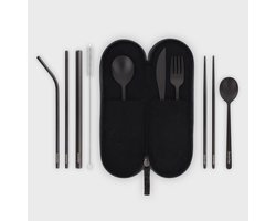eKodoKi Kitto Wooli - Persoonlijk rvs reisbestek set 10st - Zwart - Wolvilt etui grijs - Duurzaam