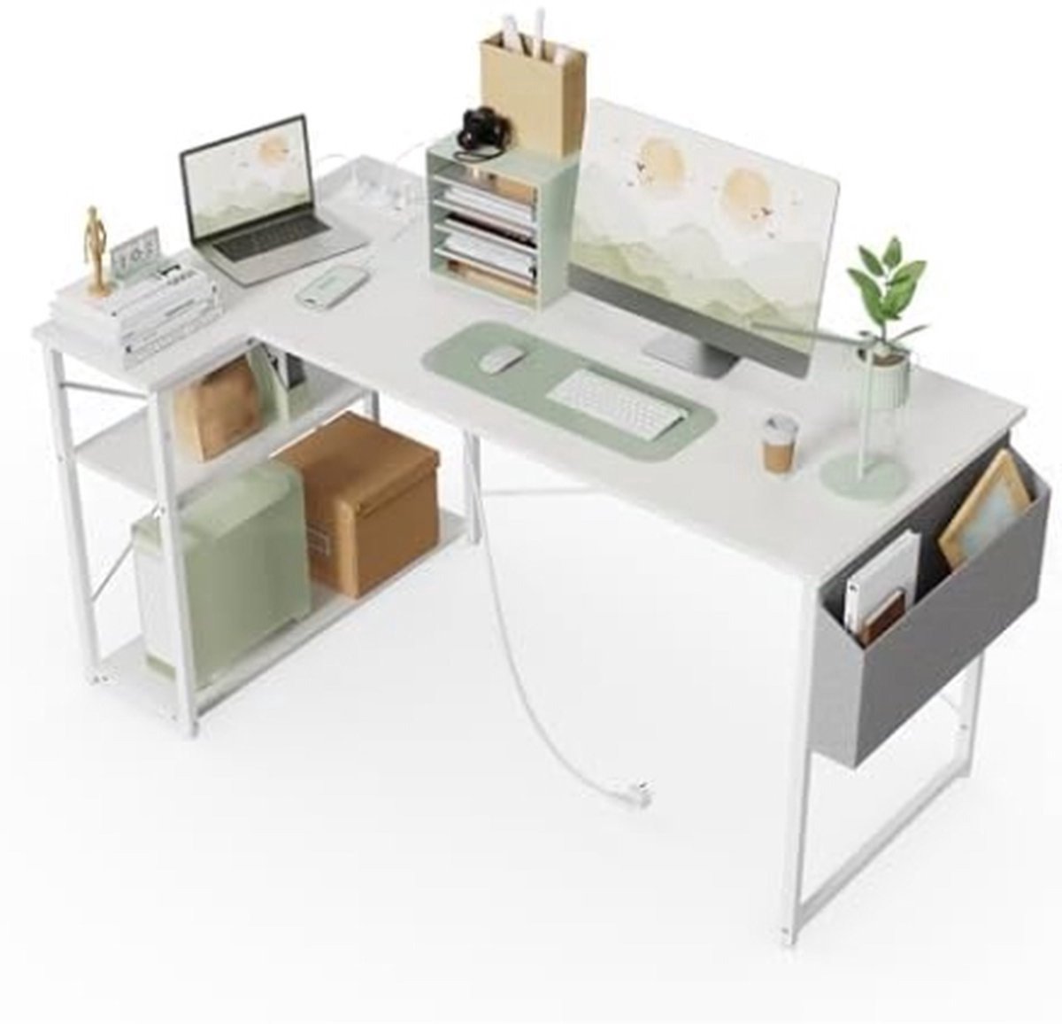 WNHB® Hoekbureau met stopcontacten - L-vormig computerbureau 100x70 cm - Bureau met opbergplanken - Werkstation voor thuis kantoor studie en gaming