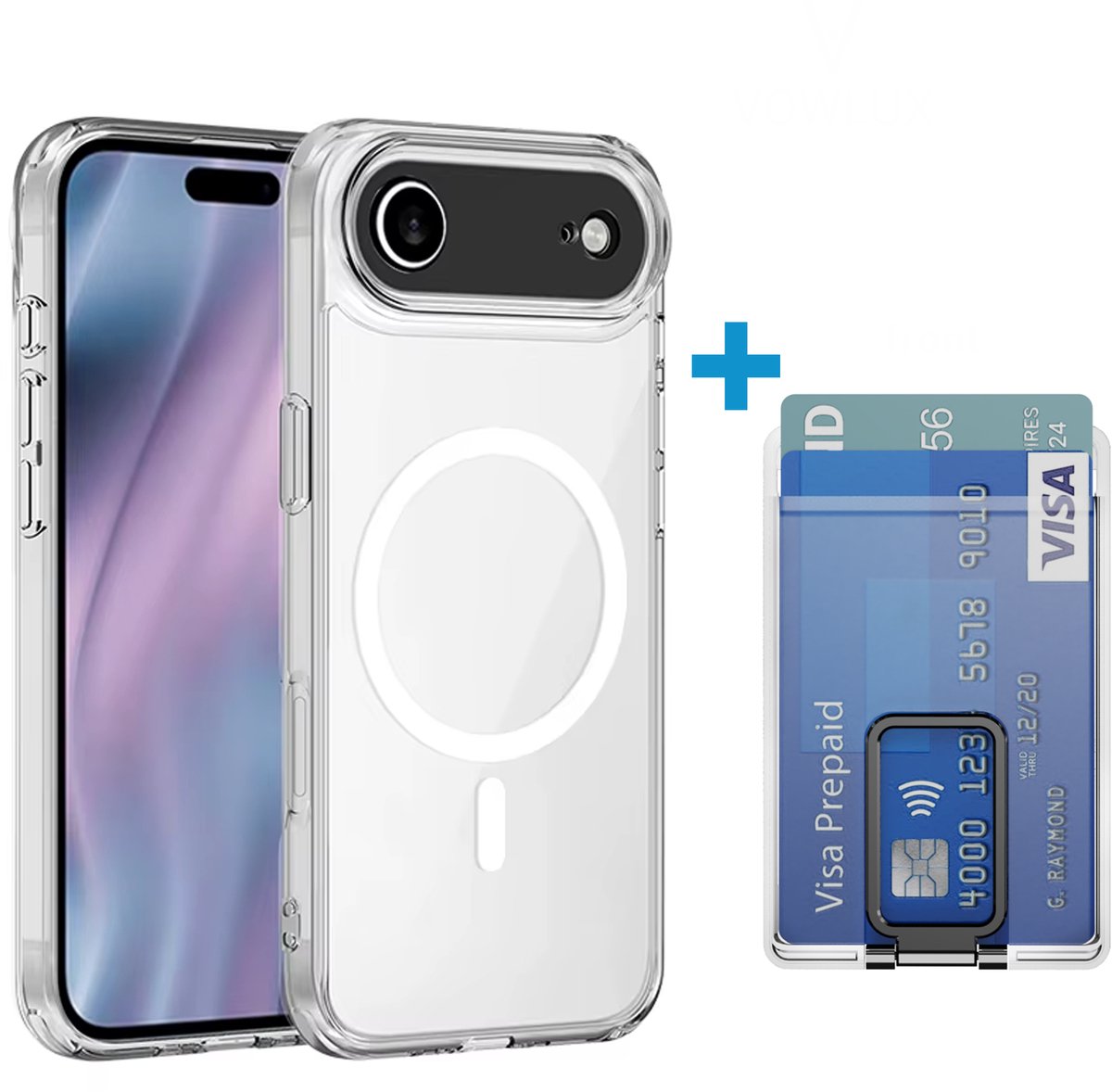 VOWLUX transparant hoesje en losse wallet pasjeshouder geschikt voor iphone 17 air – magsafe compatible met 32 magneten – pasjeshouder voor 2 pasjes – zwarte klep – telefoonstandaard hoes case