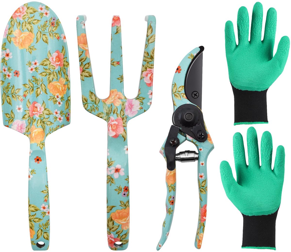 Tuin gereedschap set - 4-delig met opdruk - Voor tuinwerk - Inclusief snoeischaar, tuinschep, tuinklauw en handschoenen